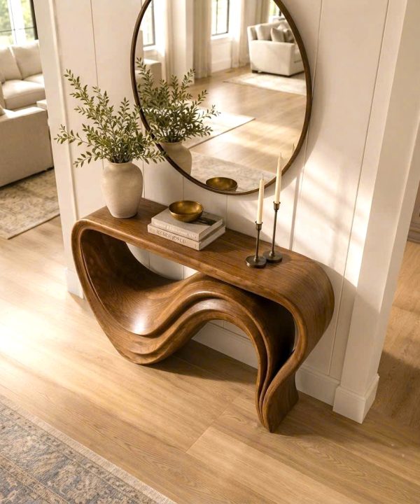 Alternative view of Luxali Handmade Wooden Console Table — a modern farmhouse masterpiece, meticulously handcrafted from solid natural Monkey Pod wood, showcasing refined artistry and designed to elevate any living room.