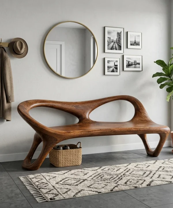 Alternative view of Modern Solid Wood Bench Curved Backrest Eco-Friendly Durable Outdoor Furniture Entryway Living Room Entrance Hall