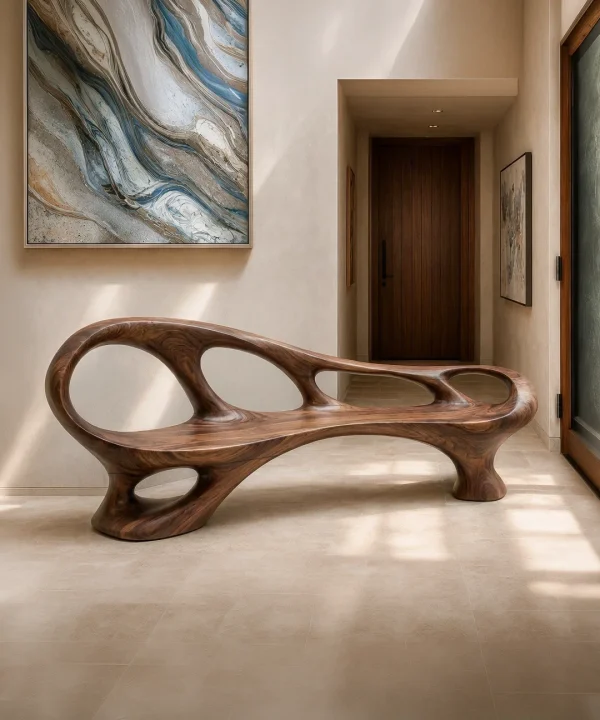 Alternative view of Modern Solid Wood Bench Curved Backrest Eco-Friendly Durable Outdoor Furniture Entryway Living Room Entrance Hall