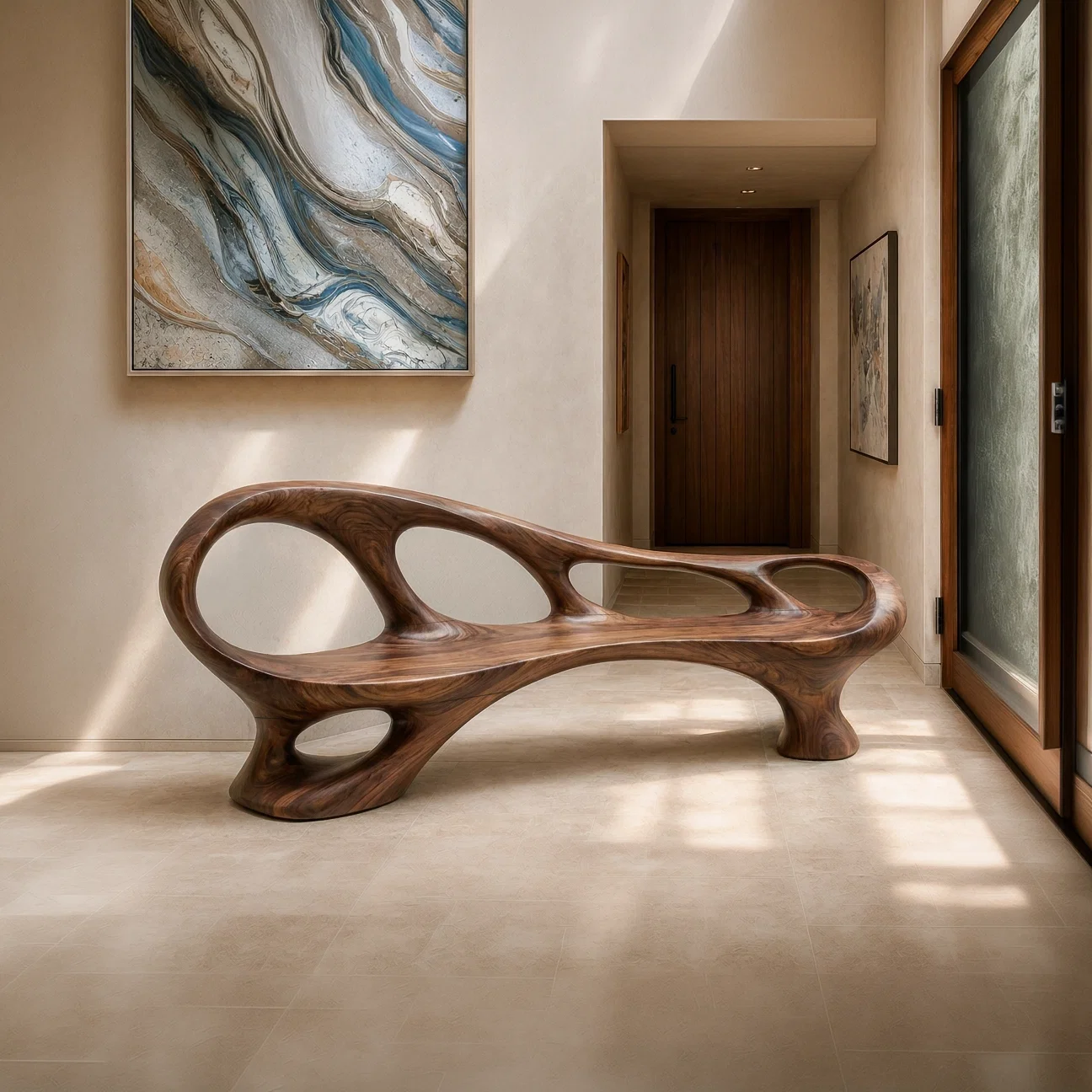 Modern Solid Wood Bench Curved Backrest Eco-Friendly Durable Outdoor Furniture Entryway Living Room Entrance Hall