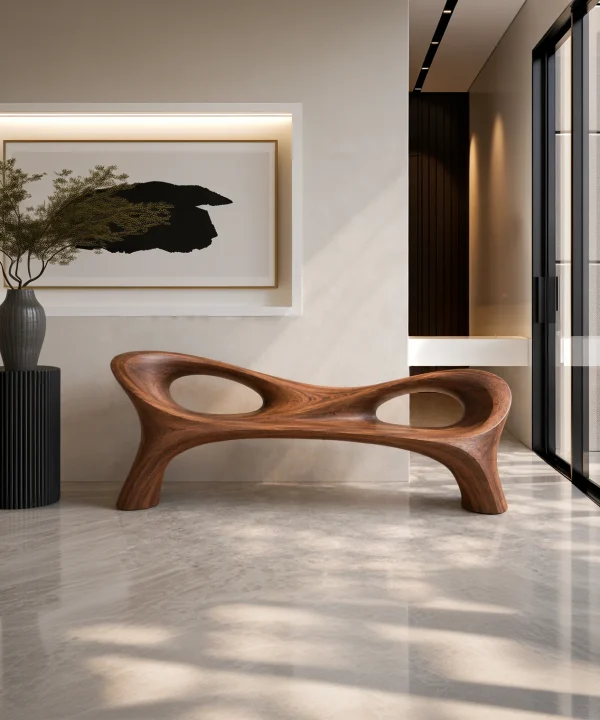 Alternative view of Modern Solid Wood Bench Curved Backrest Eco-Friendly Durable Outdoor Furniture Entryway Living Room Entrance Hall