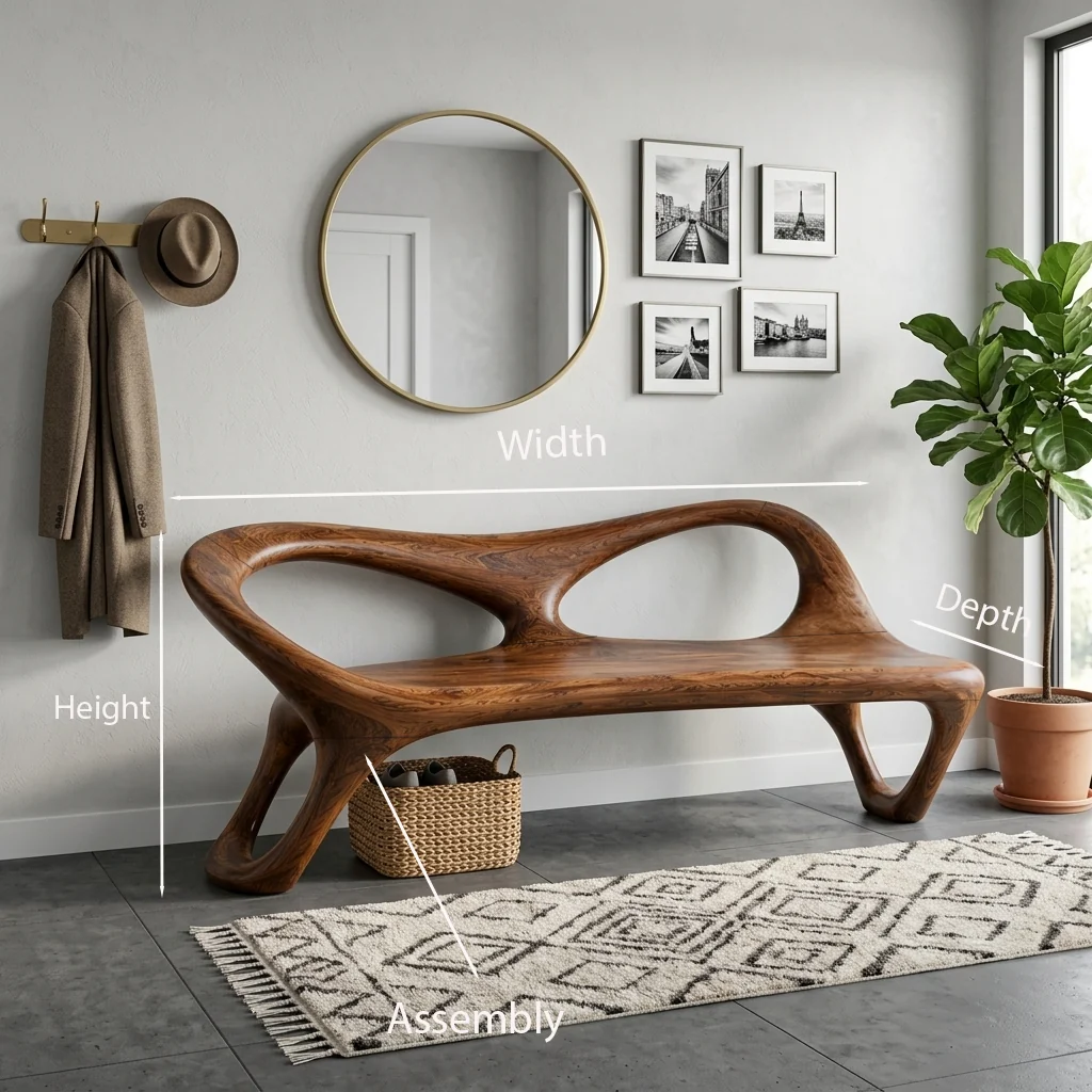 Modern Solid Wood Bench Curved Backrest Eco-Friendly Durable Outdoor Furniture Entryway Living Room Entrance Hall - Image 3