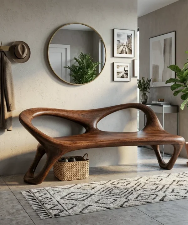 Modern Solid Wood Bench Curved Backrest Eco-Friendly Durable Outdoor Furniture Entryway Living Room Entrance Hall