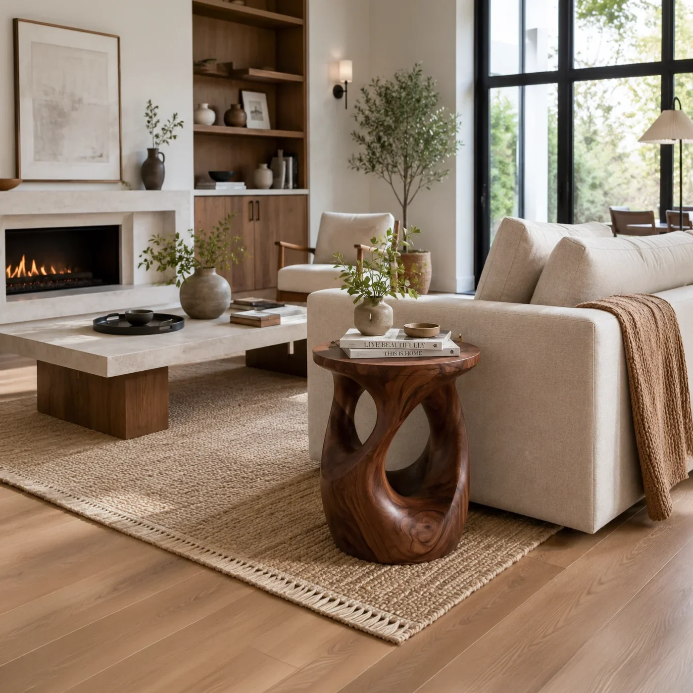 Organic Wooden Open Loop Side Table For Living Room