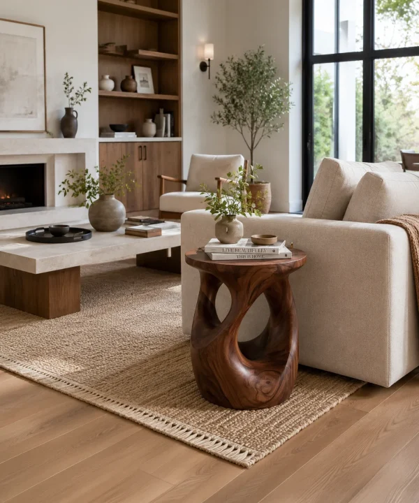 Organic Wooden Open Loop Side Table For Living Room