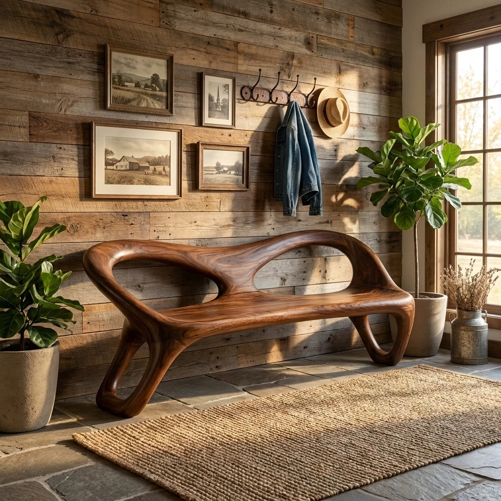 Modern Solid Wood Bench Curved Backrest Eco-Friendly Durable Outdoor Furniture Entryway Living Room Entrance Hall - Image 5