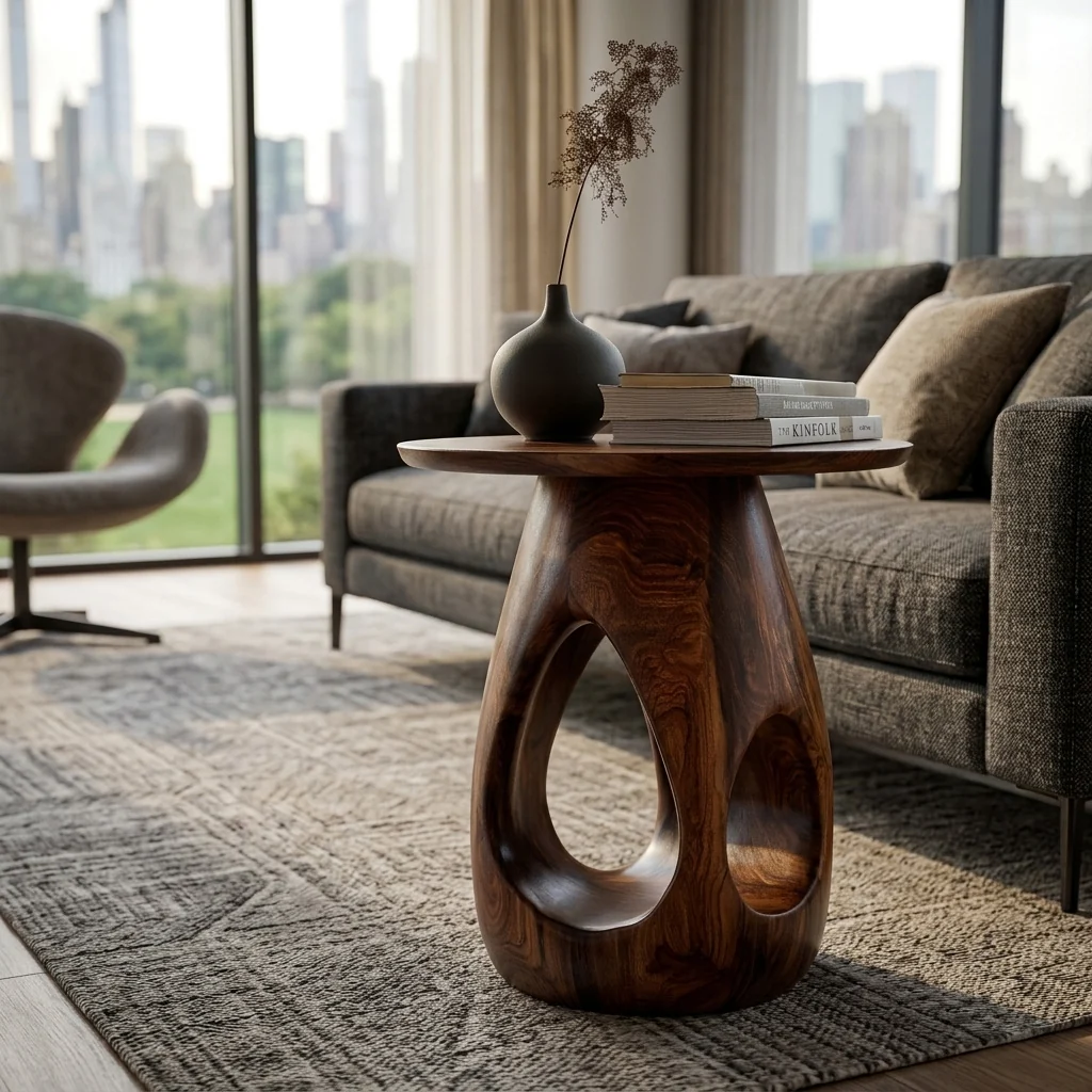 Organic Wooden Open Loop Side Table For Living Room - Image 4