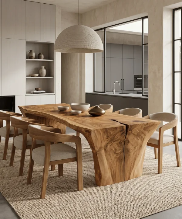 Luxurious and uniquely crafted wooden dining table ( chairs not included) designed to create a warm and inviting atmosphere.