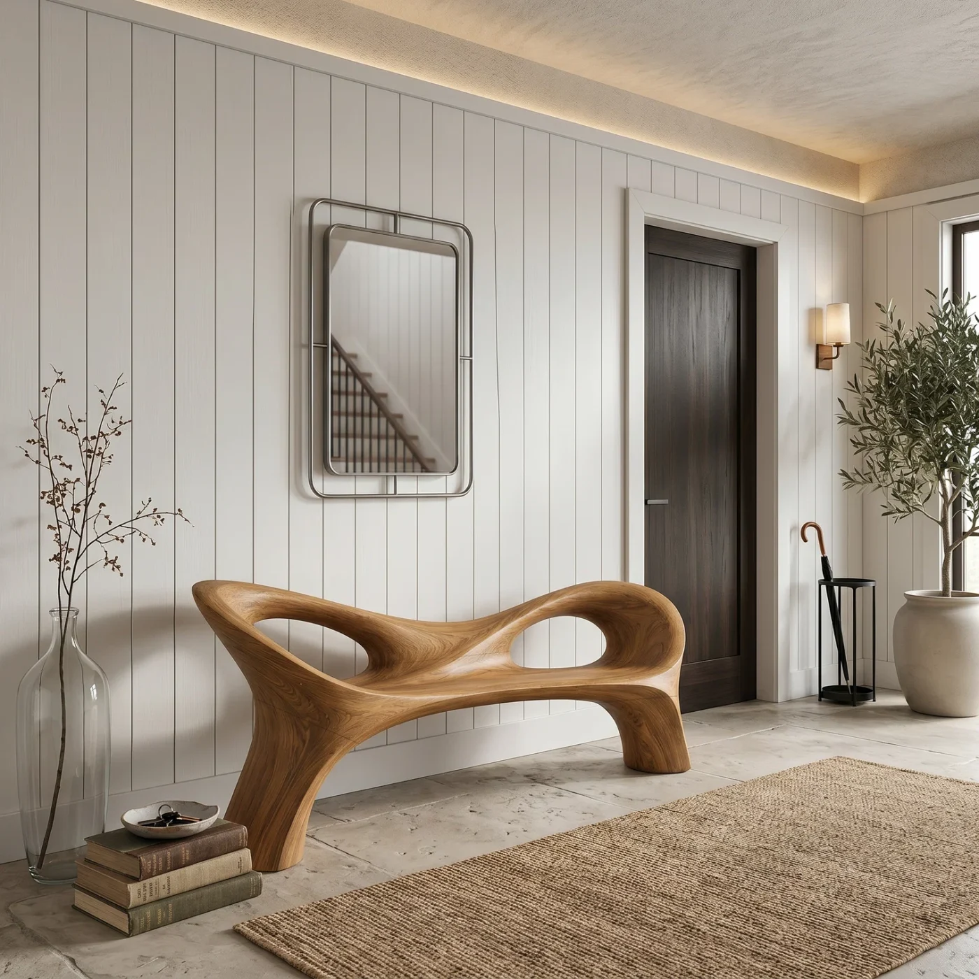 Modern Solid Wood Bench Curved Backrest Eco-Friendly Durable Outdoor Furniture Entryway Living Room Entrance Hall
