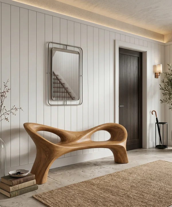 Modern Solid Wood Bench Curved Backrest Eco-Friendly Durable Outdoor Furniture Entryway Living Room Entrance Hall