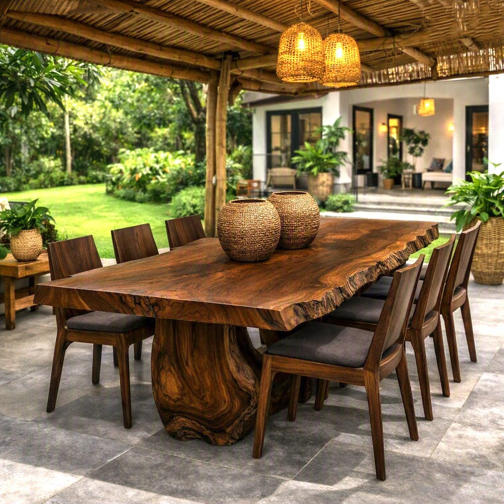 Luxurious and uniquely crafted wooden dining table ( chairs not included) designed to create a warm and inviting atmosphere.