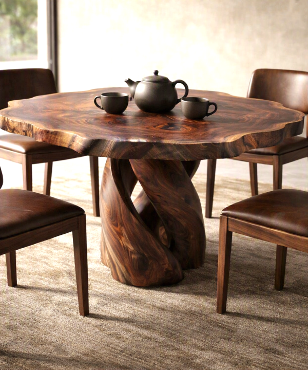 Luxurious and uniquely crafted wooden dining table ( chairs not included) designed to create a warm and inviting atmosphere.