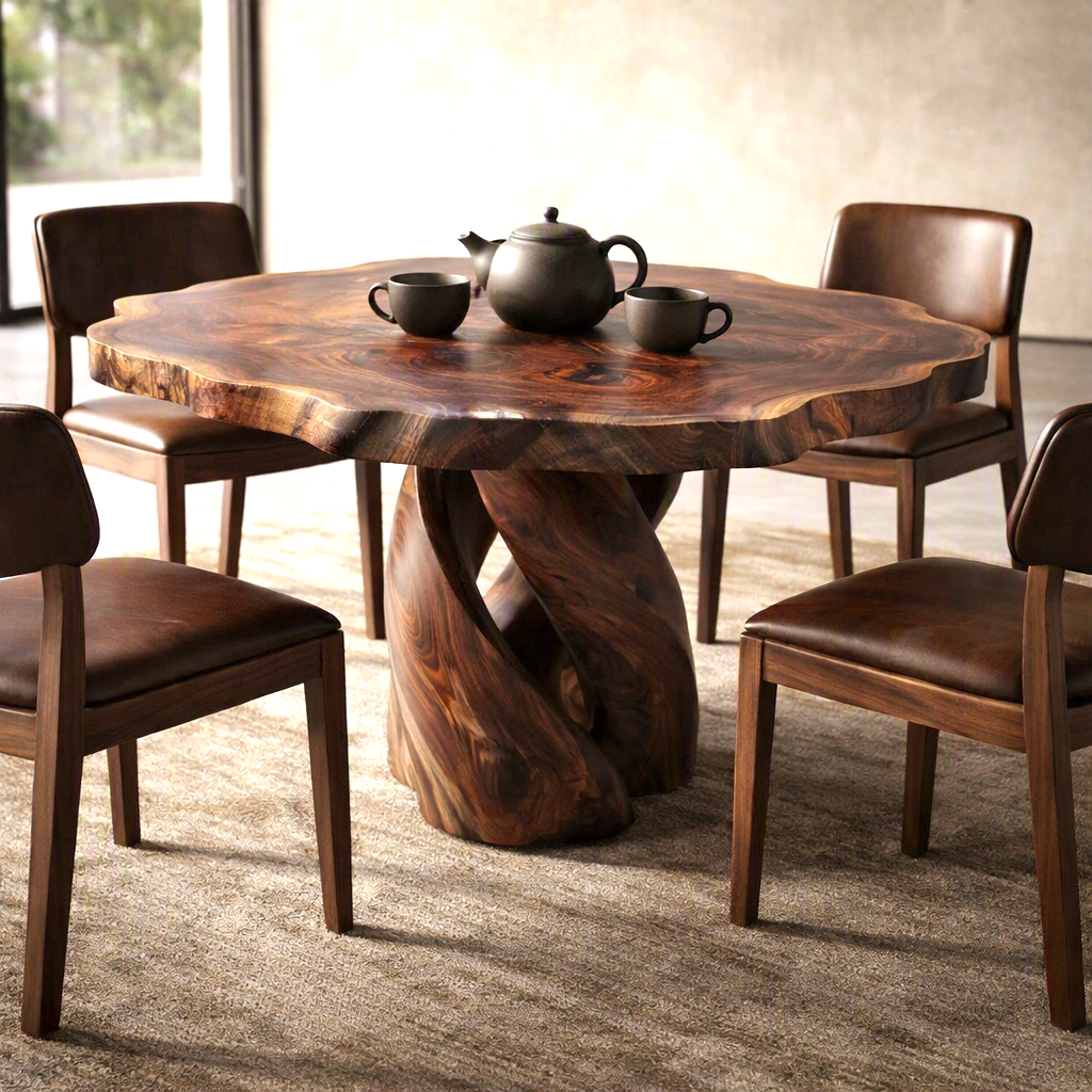 Luxurious and uniquely crafted wooden dining table ( chairs not included) designed to create a warm and inviting atmosphere.