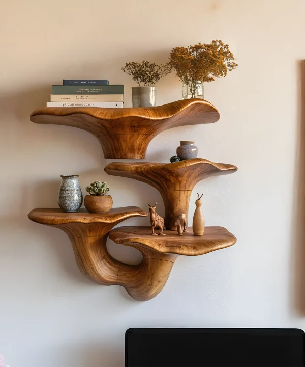Farmhouse Wooden Live Edge Mushroom Shelf For Cozy Interior Design