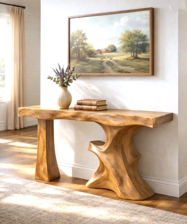 Luxali Handmade Wooden Console Table — a modern farmhouse masterpiece, meticulously handcrafted from solid natural Monkey Pod wood, showcasing refined artistry and designed to elevate any living room.