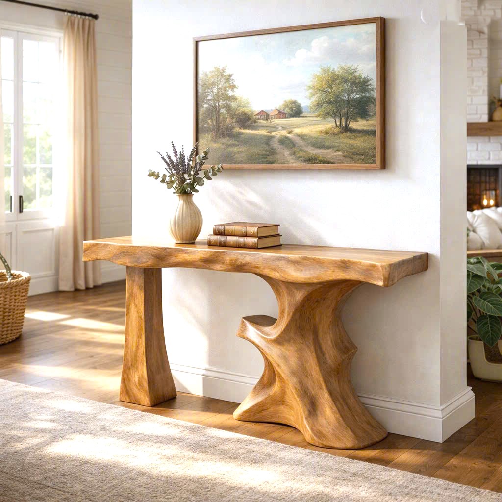 Luxali Handmade Wooden Console Table — a modern farmhouse masterpiece, meticulously handcrafted from solid natural Monkey Pod wood, showcasing refined artistry and designed to elevate any living room.