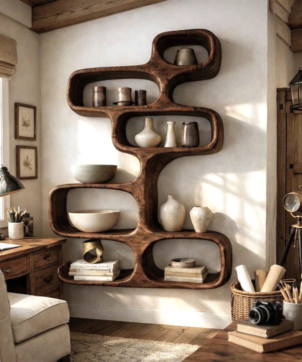 Alternative view of Modern Sculptural Wood Bookshelf with Organic Curves and Flowing Shelves for Artistic Home Library or Stylish Living Room Accent