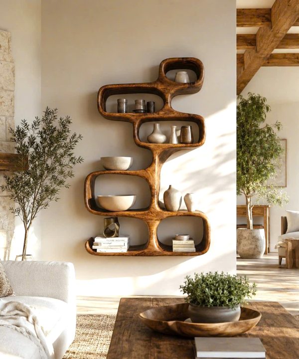 Modern Sculptural Wood Bookshelf with Organic Curves and Flowing Shelves for Artistic Home Library or Stylish Living Room Accent