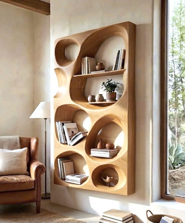 Modern Sculptural Wood Bookshelf with Organic Curves and Flowing Shelves for Artistic Home Library or Stylish Living Room Accent