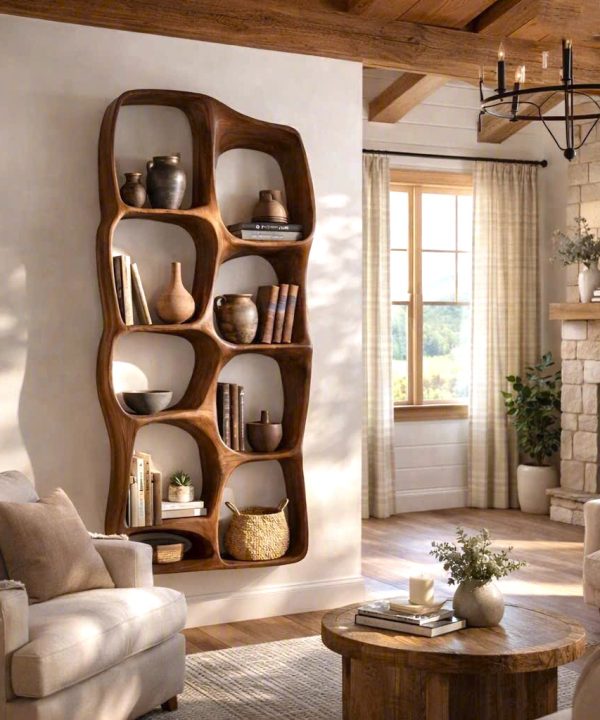 Modern Sculptural Wood Bookshelf with Organic Curves and Flowing Shelves for Artistic Home Library or Stylish Living Room Accent