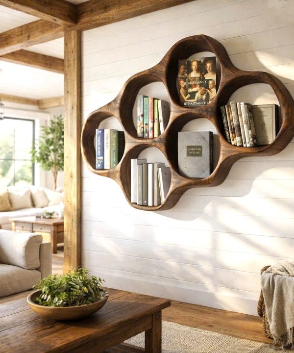 Alternative view of Modern Sculptural Wood Bookshelf with Organic Curves and Flowing Shelves for Artistic Home Library or Stylish Living Room Accent