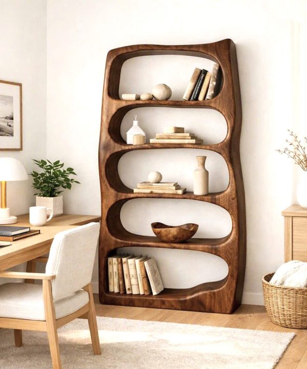 Alternative view of Modern Sculptural Wood Bookshelf with Organic Curves and Flowing Shelves for Artistic Home Library or Stylish Living Room Accent
