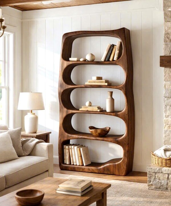Modern Sculptural Wood Bookshelf with Organic Curves and Flowing Shelves for Artistic Home Library or Stylish Living Room Accent