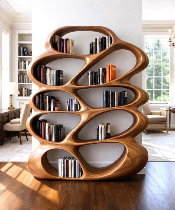 Alternative view of Modern Sculptural Wood Bookshelf with Organic Curves and Flowing Shelves for Artistic Home Library or Stylish Living Room Accent