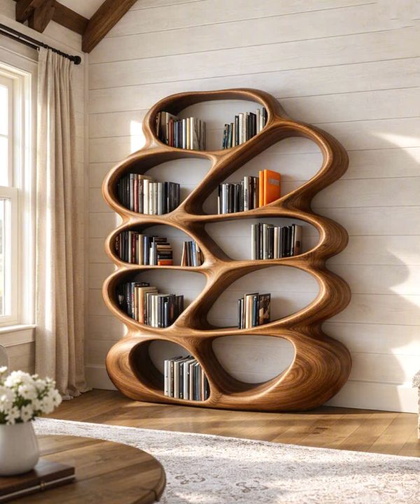 Modern Sculptural Wood Bookshelf with Organic Curves and Flowing Shelves for Artistic Home Library or Stylish Living Room Accent