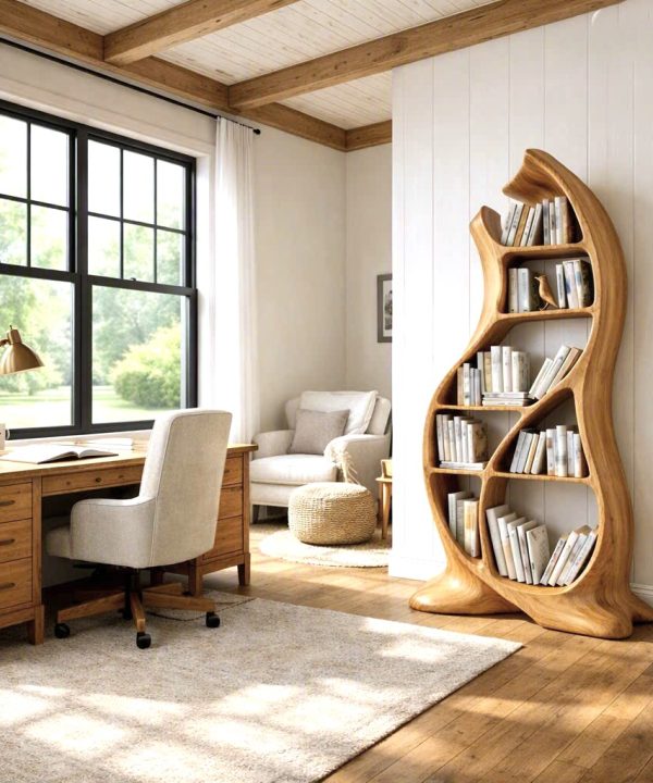 Alternative view of Modern Sculptural Wood Bookshelf with Organic Curves and Flowing Shelves for Artistic Home Library or Stylish Living Room Accent