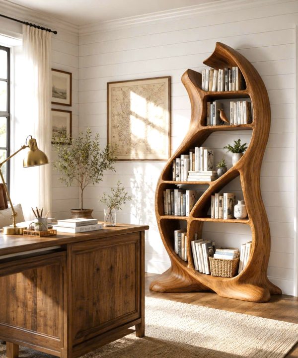 Modern Sculptural Wood Bookshelf with Organic Curves and Flowing Shelves for Artistic Home Library or Stylish Living Room Accent