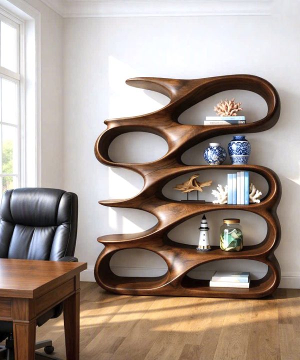 Modern Sculptural Wood Bookshelf with Organic Curves and Flowing Shelves for Artistic Home Library or Stylish Living Room Accent