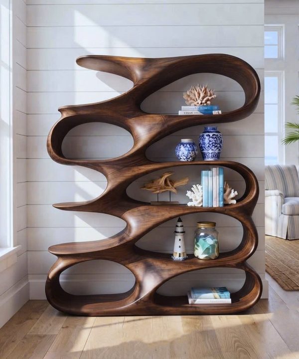 Alternative view of Modern Sculptural Wood Bookshelf with Organic Curves and Flowing Shelves for Artistic Home Library or Stylish Living Room Accent
