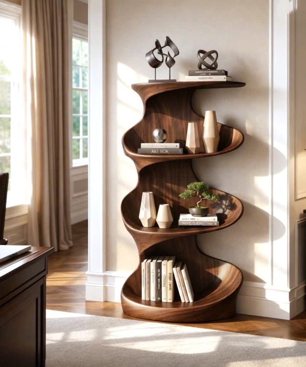 Modern Sculptural Wood Bookshelf with Organic Curves and Flowing Shelves for Artistic Home Library or Stylish Living Room Accent