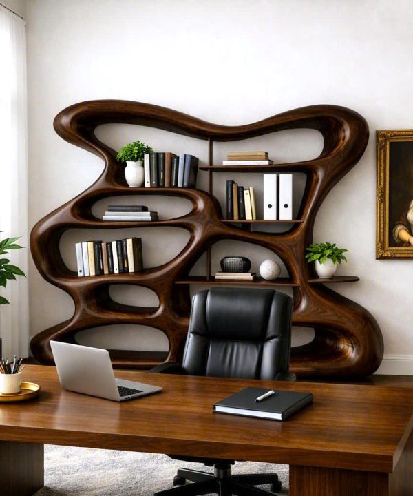 Alternative view of Modern Sculptural Wood Bookshelf with Organic Curves and Flowing Shelves for Artistic Home Library or Stylish Living Room Accent