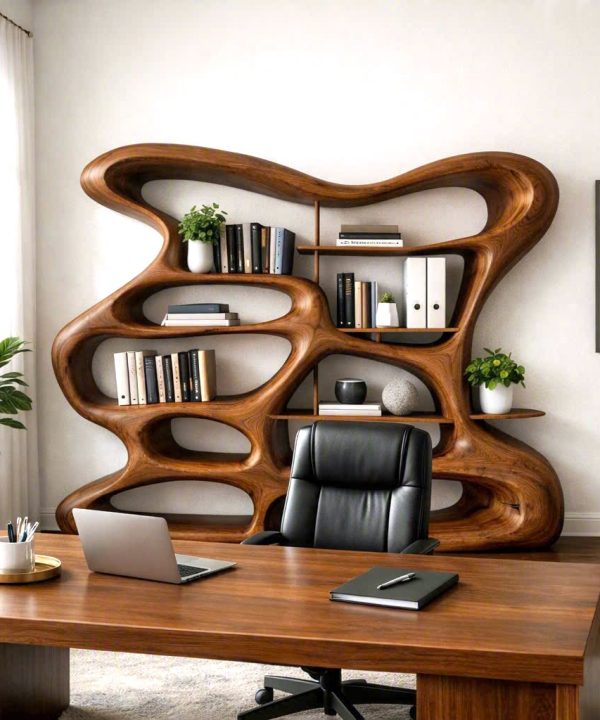 Modern Sculptural Wood Bookshelf with Organic Curves and Flowing Shelves for Artistic Home Library or Stylish Living Room Accent