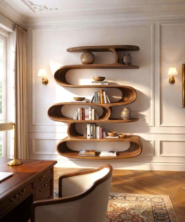 Alternative view of Modern Sculptural Wood Bookshelf with Organic Curves and Flowing Shelves for Artistic Home Library or Stylish Living Room Accent
