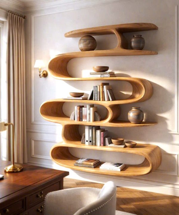 Modern Sculptural Wood Bookshelf with Organic Curves and Flowing Shelves for Artistic Home Library or Stylish Living Room Accent
