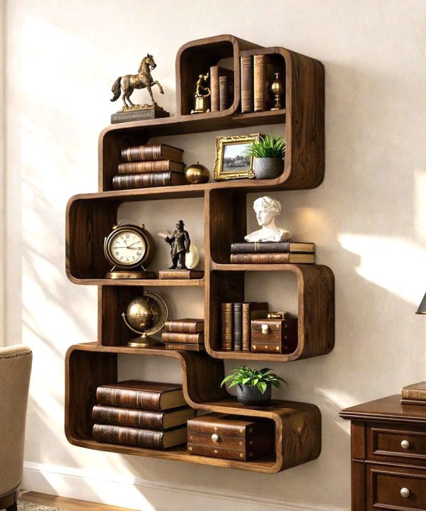 Modern Sculptural Wood Bookshelf with Organic Curves and Flowing Shelves for Artistic Home Library or Stylish Living Room Accent
