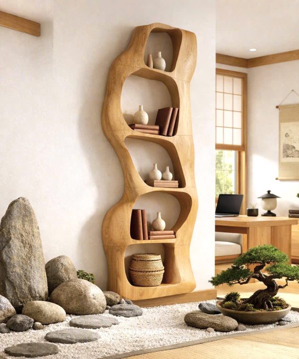 Alternative view of Modern Sculptural Wood Bookshelf with Organic Curves and Flowing Shelves for Artistic Home Library or Stylish Living Room Accent