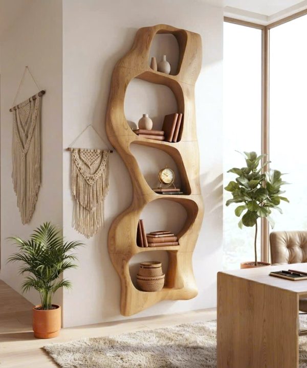Modern Sculptural Wood Bookshelf with Organic Curves and Flowing Shelves for Artistic Home Library or Stylish Living Room Accent