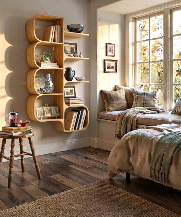 Alternative view of Modern Sculptural Wood Bookshelf with Organic Curves and Flowing Shelves for Artistic Home Library or Stylish Living Room Accent