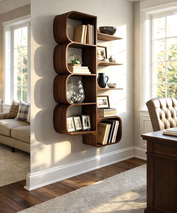Modern Sculptural Wood Bookshelf with Organic Curves and Flowing Shelves for Artistic Home Library or Stylish Living Room Accent
