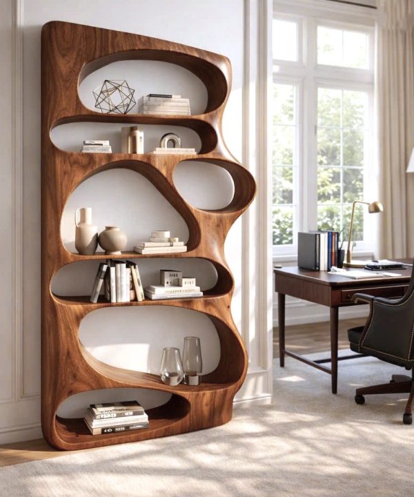 Modern Sculptural Wood Bookshelf with Organic Curves and Flowing Shelves for Artistic Home Library or Stylish Living Room Accent