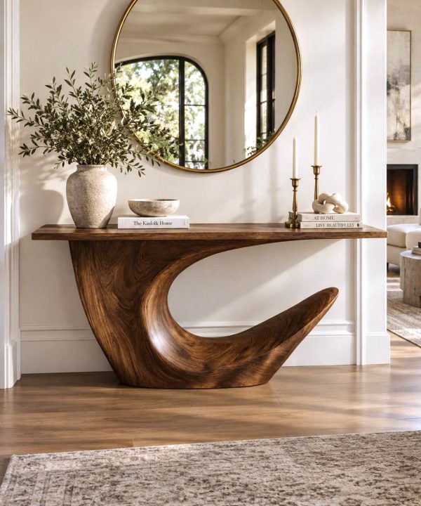Luxali Handmade Wooden Console Table — a modern farmhouse masterpiece, meticulously handcrafted from solid natural Monkey Pod wood, showcasing refined artistry and designed to elevate any living room.