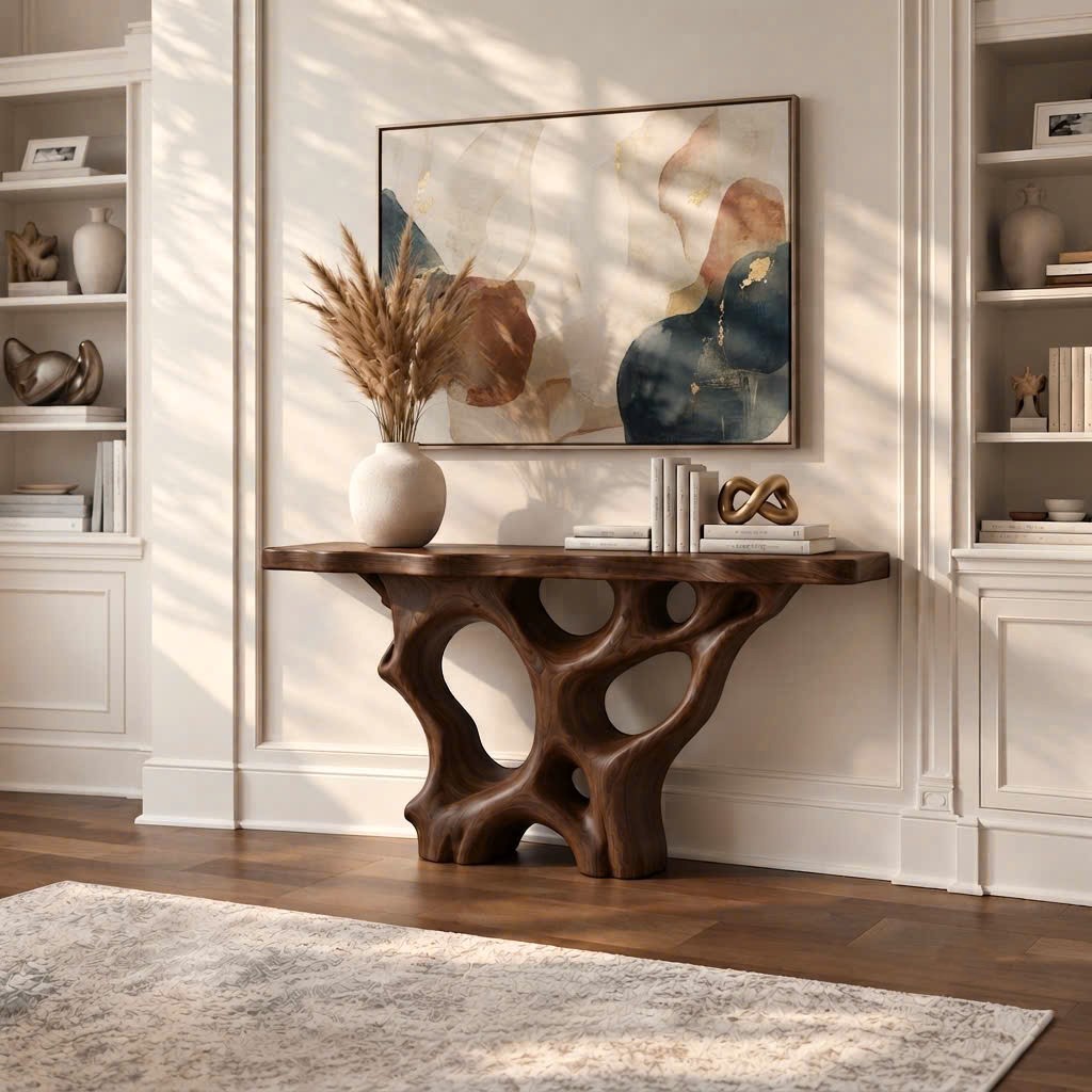 Luxali Handmade Wooden Console Table — a modern farmhouse masterpiece, meticulously handcrafted from solid natural Monkey Pod wood, showcasing refined artistry and designed to elevate any living room.