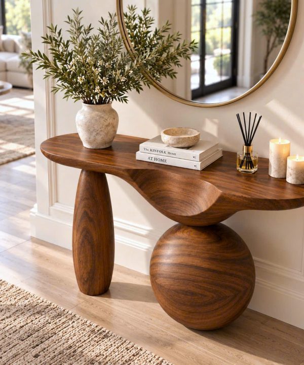 Luxali Handmade Wooden Console Table — a modern farmhouse masterpiece, meticulously handcrafted from solid natural Monkey Pod wood, showcasing refined artistry and designed to elevate any living room.