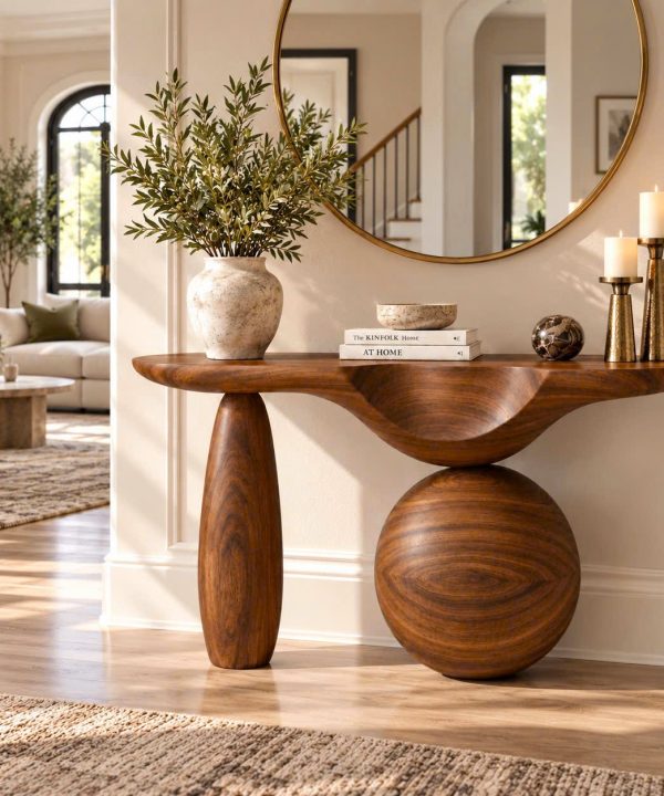 Alternative view of Luxali Handmade Wooden Console Table — a modern farmhouse masterpiece, meticulously handcrafted from solid natural Monkey Pod wood, showcasing refined artistry and designed to elevate any living room.