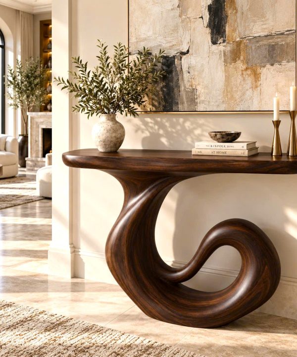 Luxali Handmade Wooden Console Table — a modern farmhouse masterpiece, meticulously handcrafted from solid natural Monkey Pod wood, showcasing refined artistry and designed to elevate any living room.