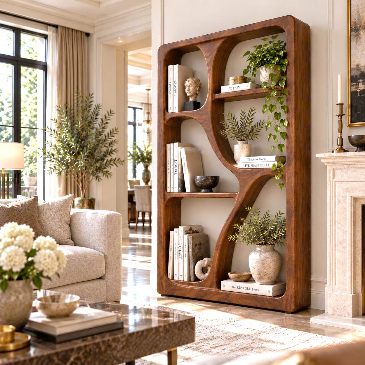 BS25 Modern Sculptural Wood Bookshelf with Organic Curves and Flowing Shelves for Artistic Home Library or Stylish Living Room Accent - Image 2